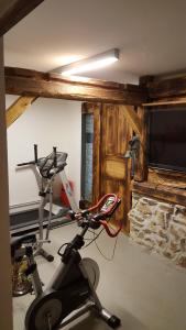 a room with a gym with a treadmill and a television at Gästehaus Stadtschaenke in Liebstadt
