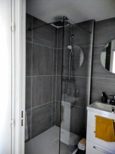 a shower with a glass door in a bathroom at Appartement Guillestre 2 personnes in Guillestre