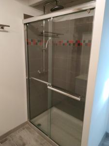 eine Duschtür aus Glas im Badezimmer in der Unterkunft Gîte D Arsonval in La Porcherie + 6 Fotos