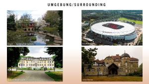 a collage of pictures of a building and a stadium at Wiembachallee in Leverkusen +18 photos