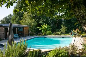 ein Swimmingpool im Garten mit einem Sonnenschirm in der Unterkunft Gîte D Arsonval in La Porcherie