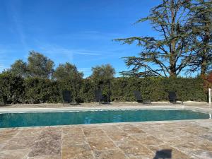 einen Pool mit Stühlen und einem Baum in der Unterkunft Grande maison et piscine privée in Saint-Ambroix