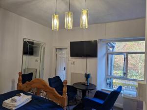 une chambre avec un lit, des chaises et une télévision dans l'établissement Cosy Cork Studio - cosyincork, à Cork