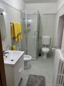 un bagno con doccia, WC e lavandino di Casa di Greve a Greve in Chianti