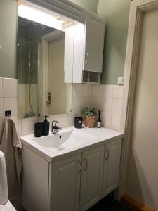 a bathroom with a white sink and a mirror at Stor innbydende leilighet med 4 soverom og sentral beliggenhet in Notodden +30 photos
