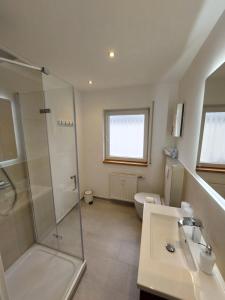 a bathroom with a shower and a sink at FeWo's Weinbergblick Wintrich by Brauneberger Hof in Wintrich