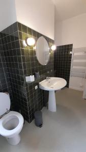 a bathroom with a toilet and a sink and a mirror at Appart central Vatan-2 chb- wifi in Vatan