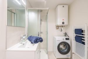 a bathroom with a sink and a washing machine at La Suite du Château A - En plein centre in Lunéville