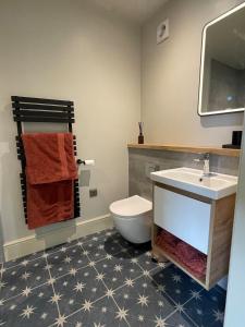 a bathroom with a toilet and a sink at Rural Retreat, 1 bed, sleeps 2 near Bleasby in Bleasby