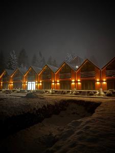 a row of wooden lodges in the snow at night at Apex Panorama Hotel in Yablunytsya