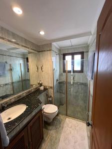 a bathroom with a shower and a toilet and a sink at Serene villa In North Goa in Arpora