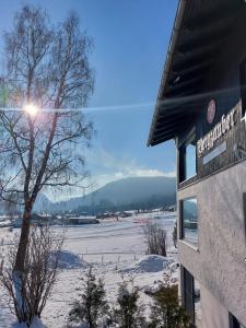 a snow covered field with a building and a tree at Bergzauber Alpin Suites - Skipiste - Private Sauna in Bolsterlang