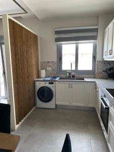 a kitchen with a washing machine and a sink at Voudouris house in Ampavris +6 photos