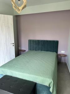 een slaapkamer met een groen bed en 2 tafels bij Voudouris house in Ampavris +6 foto's
