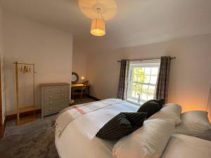 a bedroom with a bed with pillows and a window at Pass the Keys The Old Shop Family Cottage for 6 & Furry Friends in Hulme End
