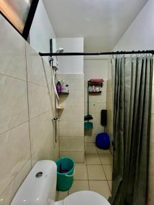 een badkamer met een douche en een wit toilet bij Lecels Haven Place in Dauis