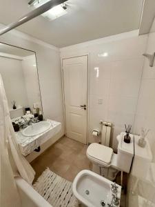een badkamer met een wastafel, een toilet en een spiegel bij C2 Apart Salta in Salta