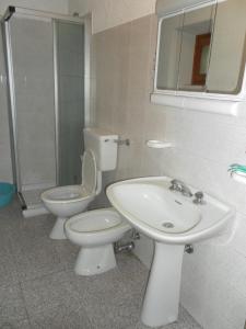 La salle de bains est pourvue de toilettes, d'un lavabo et d'une douche. dans l'établissement Appartamento Stile Alpino, à Lignan