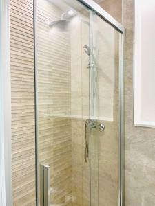 une douche avec une porte vitrée dans une salle de bain dans l'établissement Central and spacious apartment-Historic Center, à Malaga
