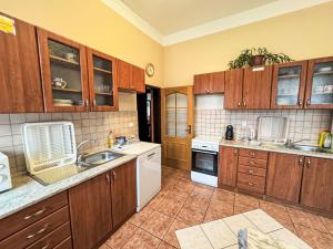 a kitchen with wooden cabinets and white appliances at Holiday Home Švýcarský dvůr by Interhome in Janske Lazne
