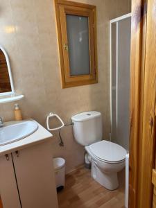 a bathroom with a toilet and a sink and a mirror at Camping LLuçanès in Olost +13 photos
