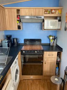 a kitchen with a stove and a microwave at Mobilhome de Lucie et Julien in Les Mathes