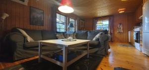 a living room with a couch and a table at Sauna | Wi-Fi | Terrace | Wood stove | Cable TV in Lofsdalen