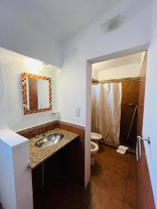 a bathroom with a sink and a toilet and a mirror at Villanto apart Solo Adultos in Mina Clavero