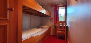 a small bedroom with a bunk bed and a window at Sauna | Wi-Fi | Terrace | Wood stove | Cable TV in Lofsdalen