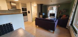 un soggiorno con due divani e una cucina di Sauna | Wi-Fi | Terrace | Wood stove | Cable TV a Lofsdalen Altre 5 foto