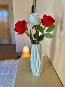 a vase with red and white roses sitting on a table at Apartamento en Plaza Mayor de Segovia in Segovia