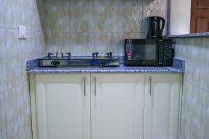 a kitchen with a stove and a microwave on a counter at Oltotoi Suites in Lukenya
