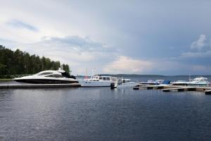 a group of boats docked at a dock in the water at SResort Family Apartment in Imatra