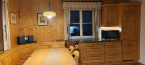 a bedroom with a bed and a tv and a window at Ferienhütte Antonia in Kliening