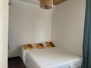 a small white room with a bed with two pillows at sport et repos à Leysin CH in Leysin