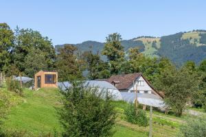a house on a hill with a field and trees at Unbound Tiny House auf Biofarm in Benken