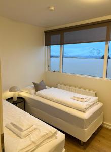 deux lits dans une chambre avec une grande fenêtre dans l'établissement Lónið Apartments, à Höfn