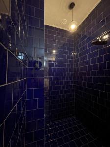 a blue tiled bathroom with a glass shower at Scheepmakershaven in Schoonhoven +9 photos