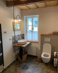 a bathroom with a toilet and a sink and a window at Chalupa JFD, Josefův Důl in Josefŭv Dŭl +44 photos