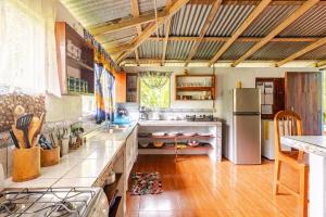 a large kitchen with a refrigerator and a wooden floor at El Manantial de Corcovado in Dos Brazos