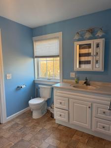 un bagno con un water, un lavandino e una finestra di Acadia Horizon Cottage a Southwest Harbor Altre 25 foto