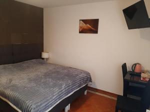 a bedroom with a bed and a desk with a television at Rooms Lutra in Bilje