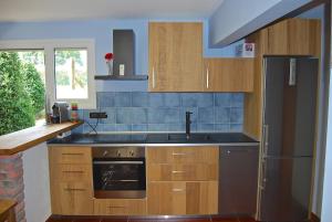 a kitchen with wooden cabinets and a sink and a refrigerator at Apartment near Bilbao L-Bi-57 in Gatica