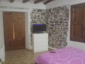 um quarto com uma televisão e uma parede de pedra em Can Peiri em Porrera