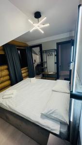 a bedroom with a large bed with a ceiling fan at Rodnei Retreat & Spa in Borşa +53 photos