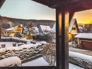 desde una ventana de un patio cubierto de nieve en Schwarzwaldmarie in Titisee mit Badewanne Sonnenbalkon TG-Stellplatz Küche, en Titisee-Neustadt