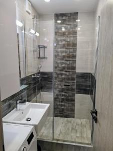 un bagno con lavandino e doccia in vetro di Apartment Halova a Bratislava Altre 11 foto