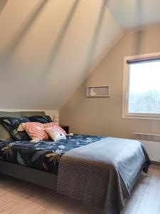 une chambre avec un lit et une fenêtre dans l'établissement villa familiale avec spa et sauna, à Saint-Antonin-de-Sommaire