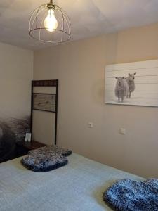 LiesselにあるB&B Typisch Leliesのベッドと2匹の猫の絵が飾られた寝室