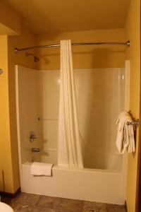 a bathroom with a tub and a shower with a shower curtain at Unit 102, 2 Bedroom Duck Lake Condo in Eagle River